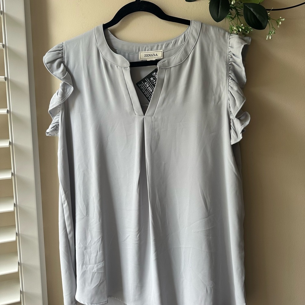 Zenana Light Gray Ruffle Sleeve Blouse - Picture 2 of 7